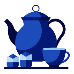 Dark blue teapot steaming cup of tea and sugar cubes vector on white background. 