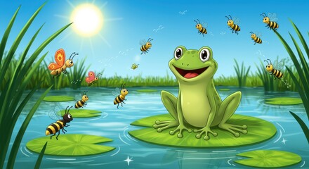 Fototapeta premium A cheerful frog sits on a lily pad in a pond, surrounded by buzzing bees and colorful butterflies on a bright sunny day.