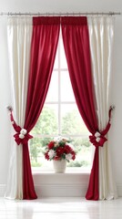 Elegant red and cream window treatments with decorative floral accents create a warm and inviting interior design.