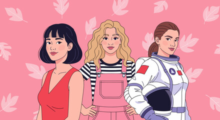 Three diverse women elegant Asian blonde in overalls and astronaut with helmet. © KMB