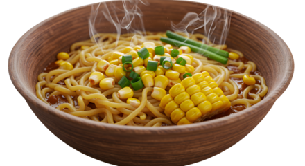 Hot steaming bowl of noodle soup with corn and chopped green onions in rustic wooden bowl, perfect for cozy meals