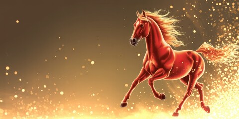 Majestic red horse galloping through a golden, sparkling landscape, embodying power, freedom, and the spirit of the chinese zodiac