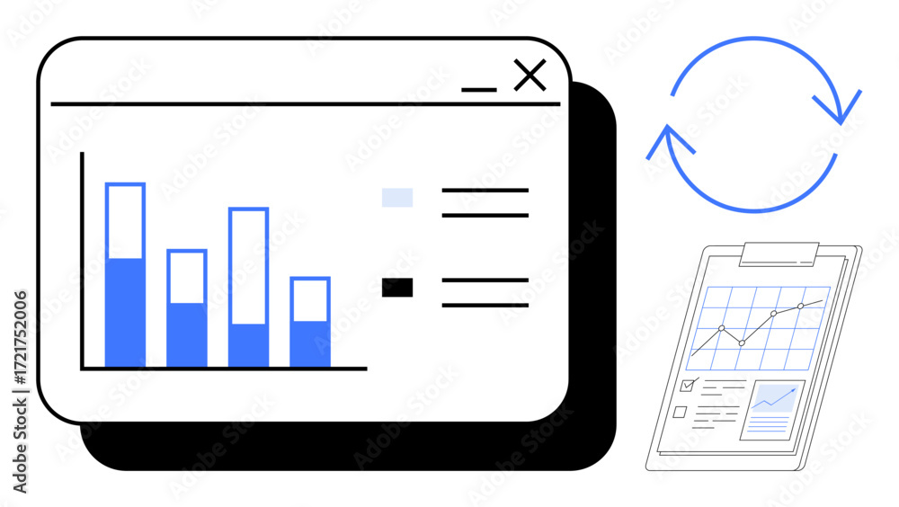 Poster bar chart on screen, clipboard with analytics, circular arrows implying refresh. ideal for data proc