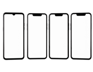 Four blank smartphone screens, side-by-side, showcasing various displays, black frames