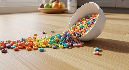 Colorful Cereal Rings Scattered on Wooden Floor.