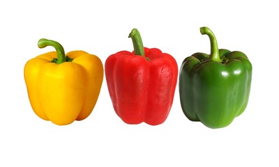 Set of Three Organic Bulgarian Bell Pepper Yellow Red and Green Isolated on White Background Top View. Fresh Whole Bell Peppers Mix Isolated