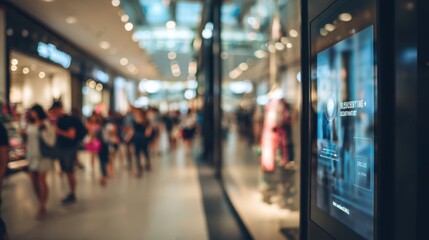 Medium closeup of a digital screen showing proximitybased Bluetooth marketing content with a softly blurred crowd and store interior behind.