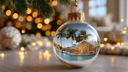 Festive glass ornament mirroring luxurious tropical resort, swimming pool, palm trees hanging on Christmas tree with soft bokeh background, suggesting warm holiday atmosphere