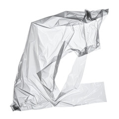 Abstract plastic form, crumpled and draped.  A light gray, translucent, plastic shape, resembling a letter 'L', is tightly folded and draped, creating a wrinkled, textured surface