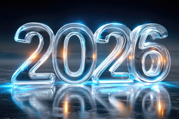 Burning ice candles forming year 2026 numbers resting on snowy surface, blurred Christmas lights adding festive holiday evening mood and anticipation of new year celebration
