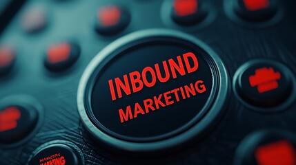 A close-up image of a button labeled "INBOUND MARKETING," emphasizing digital marketing concepts with a dark, textured background and red accents.
