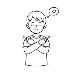 Boy hugging himself love heart outline illustration