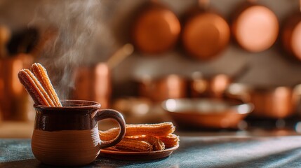 churros. A clay cup of hot chocolate with churros, capturing the warmth of Spanish National Day. menu design, packaging mockups, designed for culinary blogs and recipe cards for restaurants.