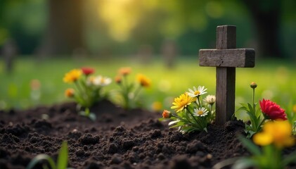 A somber, peaceful scene at a graveside Flowers, a simple wooden cross, and freshly turned earth are visible, conveying a sense of loss and remembrance , soil, eternal rest