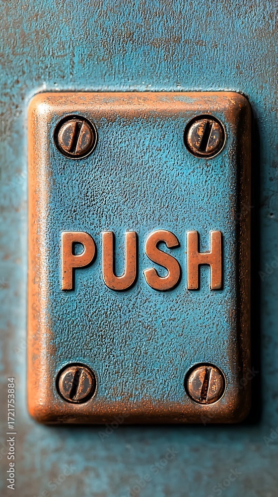 Aufkleber a close-up image of a metallic push button, featuring a weathered blue background and clear 