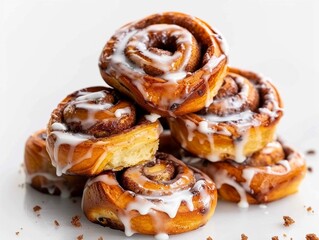 Fototapeta premium Delicious cinnamon rolls stacked high with creamy icing on top, perfect for breakfast or dessert