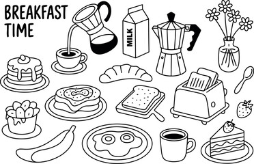 Black and white breakfast time vector illustration with various food and drink items suitable for menu designs and culinary themes