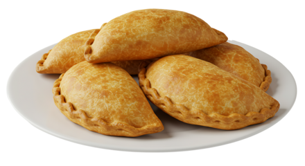 Delicious golden-brown baked pastry pockets, beautifully arranged on a white plate. These savory turnovers with crimped edges are an ideal appetizer or comforting snack