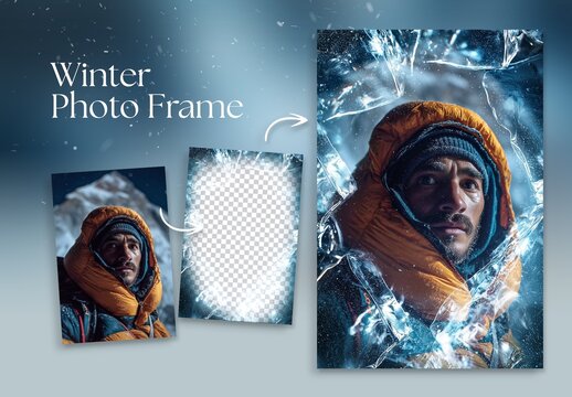 Frozen Winter Photo Frame Flyer Template & Ice Overlay Frosty Border Photo Effect
