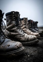 Close-up of a row of worn combat boots covered in dirt.