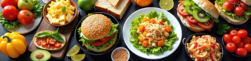 A vibrant spread of diverse lunch meals including sandwiches, salads, wraps, and fruit, perfect for a healthy and delicious midday break , dietary, corporate, salad