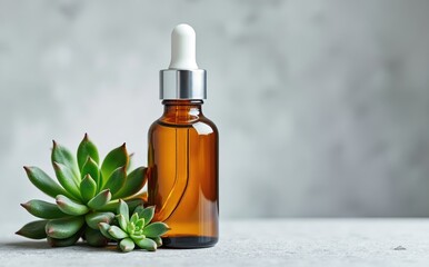 Amber dropper bottle beside green succulent plants liquid