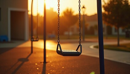 An empty swing is silhouetted against a warm and hazy sunset at a playground, creating a peaceful and nostalgic scene.