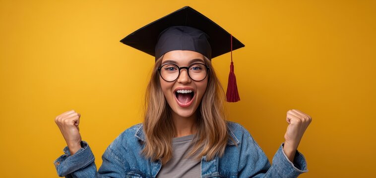 The graduate celebrating success with mortarboard cap and joyful expression on yellow background