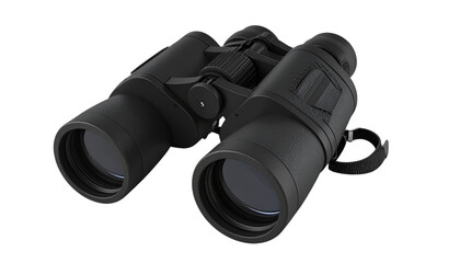 Black binoculars show detail against a transparent background for product mockups and stock images.