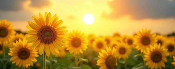 Obraz premium A vibrant yellow sun shining brightly on a field of sunflowers, creating a cheerful and energetic atmosphere Perfect for themes of happiness, optimism, and summer , summer, vibrant