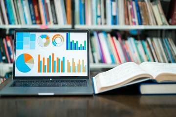 A laptop screen displaying a graph and a book placed on the table in the library, representing a business concept.	
