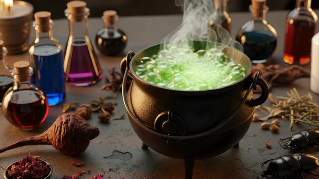 A magical cauldron bubbles with a glowing green potion. Witchcraft scene with ingredients for brewing a spell. Halloween fantasy and alchemy concept.