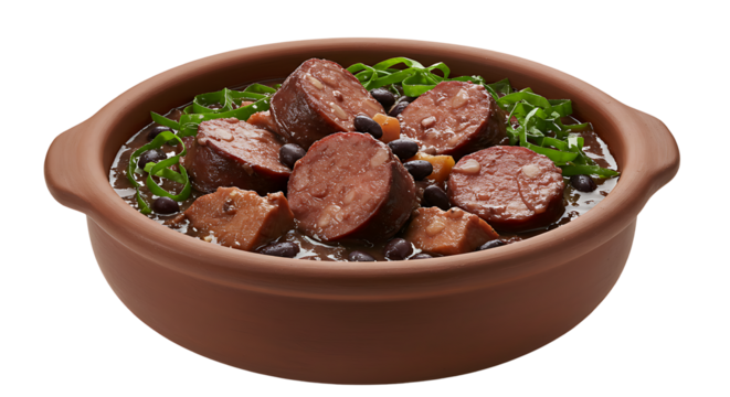 A delectable Brazilian feijoada in a rustic earthenware bowl, showcasing the rich flavors and textures of this traditional stew