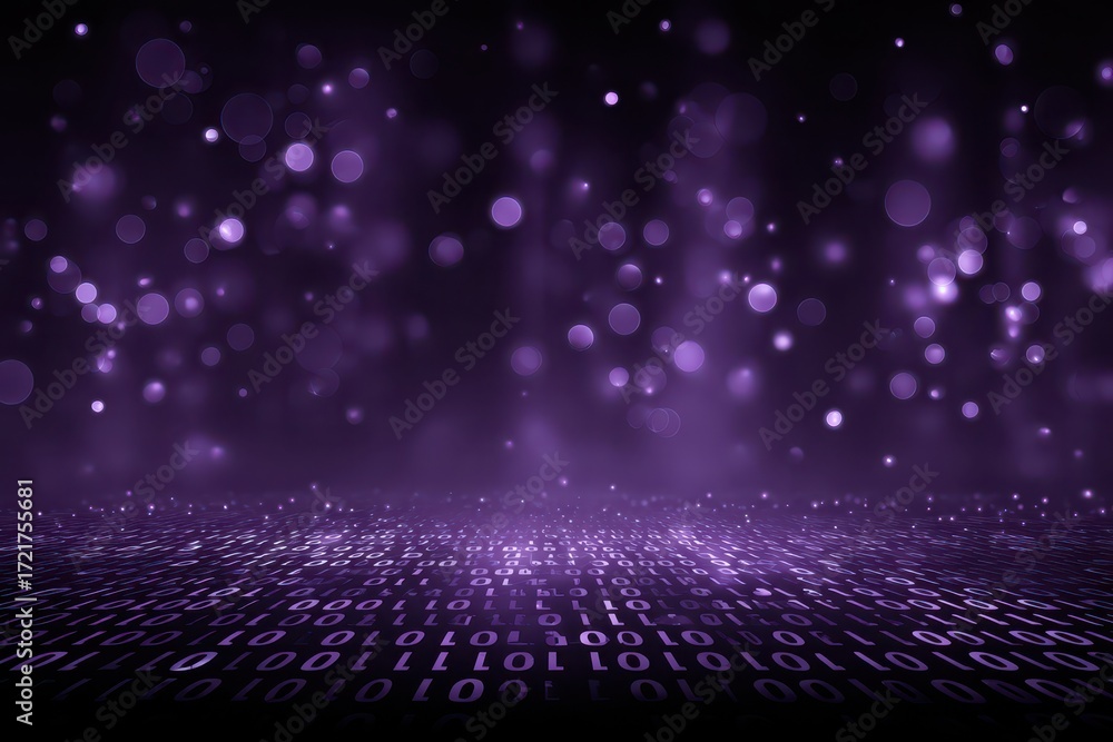 Poster glowing purple digital landscape with abstract binary code and ethereal bokeh lights.