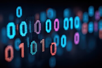 Digital binary data stream on screen, representing technology and information.