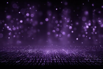 Glowing purple digital landscape with abstract binary code and ethereal bokeh lights.