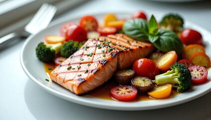 A healthy and delicious meal of grilled salmon fillet served with roasted cherry tomatoes, broccoli, and fresh basil.
