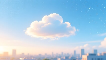 A cityscape with clouds and stars in sky