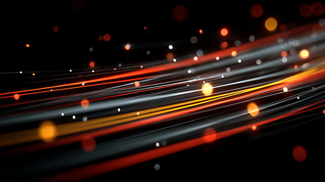 Fiber optics cables illuminated in dark data center, showcasing vibrant light trails and dynamic colors, creating a mesmerizing visual effect of technology and connectivity