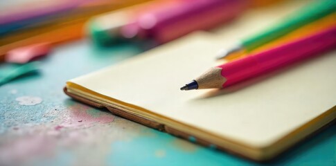 Close-up of a brightly colored pen resting on a notepad, surrounded by cheerful, colorful stationery; a feeling of joy and creativity is evoked , organization, motivation