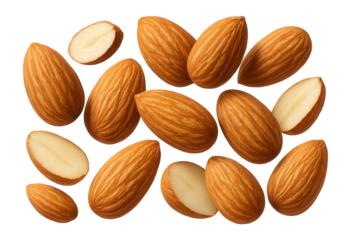 Whole and halved almonds on a white background.