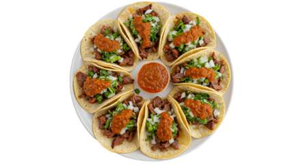 Delicious Mexican Tacos with Savory Filling and Fresh Salsa Arrangement on a White Background