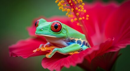 Red eyed tree frog on red hibiscus flower Nature wildlife photography Vivid colors amphibian animal