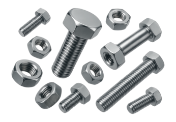 Assorted metal bolts and nuts on a white background.