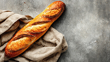Golden crust baguette resting on soft linen cloth, showcasing warm bakery atmosphere with inviting textures and artisanal craftsmanship for culinary enthusiasts