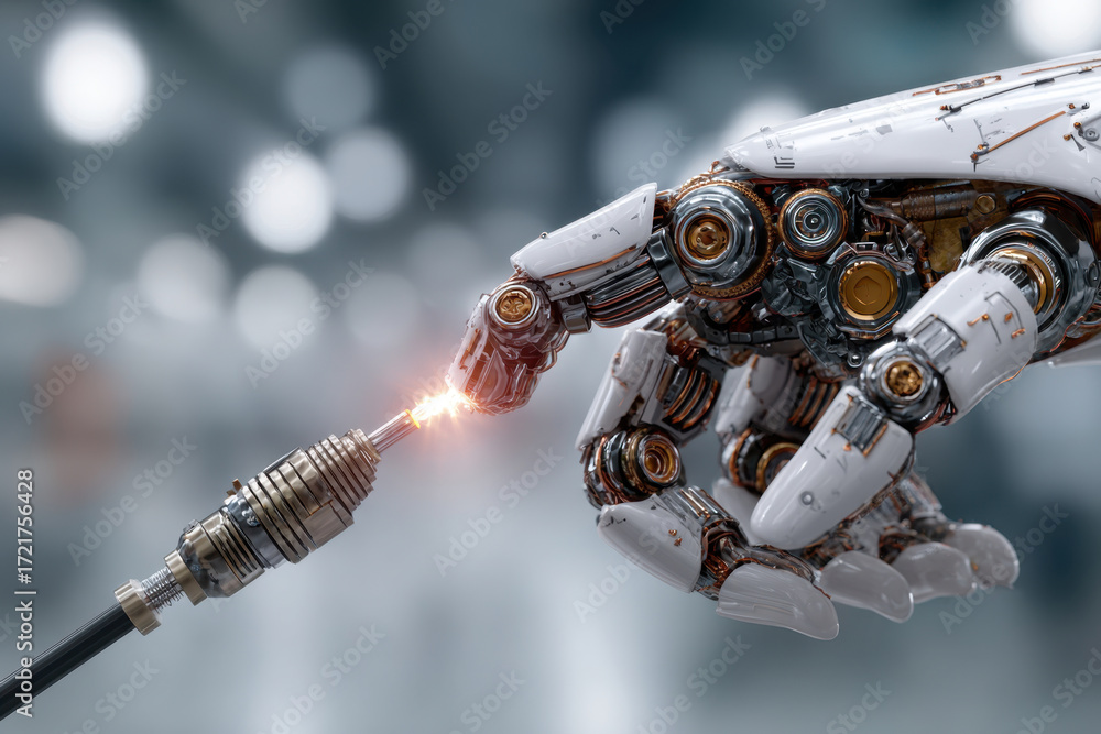 Poster close-up of robotic hand connecting to mechanical tool with visible sparks and gears. concept of rob