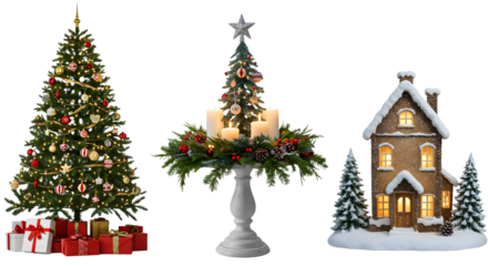Christmas tree with gifts, holiday candle centerpiece, and snowy Christmas village house decoration, perfect for festive holiday designs