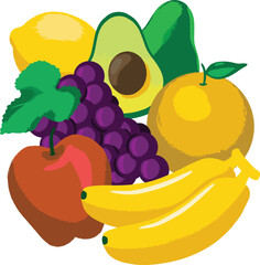 A still life illustration of various colorful fruits
