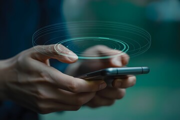 Hands using smartphone with futuristic interface Digital technology concept Modern graphic design Close up view