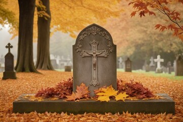 Friedhof im Herbst mit Grabstein und buntem Laub, Symbol f&uuml;r Erinnerung und Frieden